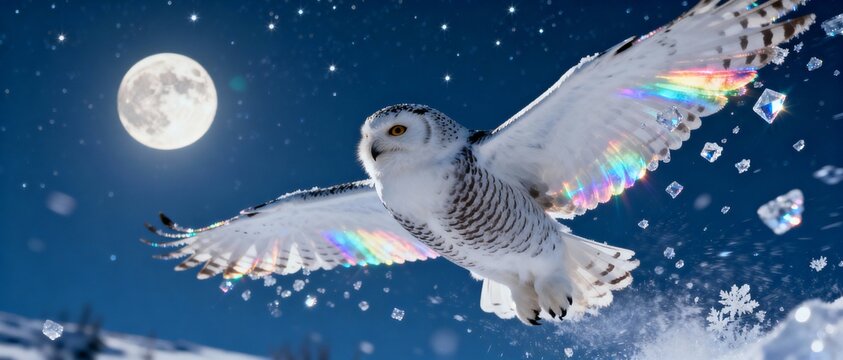 A majestic snowy owl flies through the night sky under a full moon with colorful iridescent feathers and falling snow