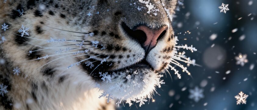 Closeup of a snow leopards face with snowflakes on its fur and whiskers in winter