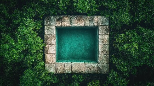 Square pool in jungle. Aerial view