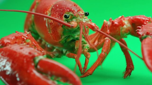 Close-up red crayfish on vivid green background, raised claws, glistening water droplets, in detail