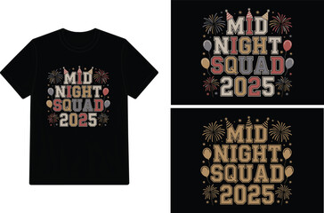 Black t-shirt displaying a festive 'midnight squad 2025' firework design.