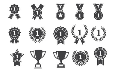 Number One Award Icons Set – Trophy, Medal, and Winner Badge Vector Collection