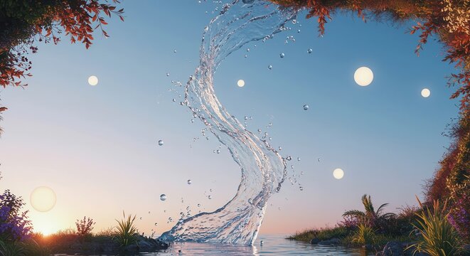 Dynamic water vortex twists upward against a bright, clear sky framed by lush foliage - Powered by Adobe