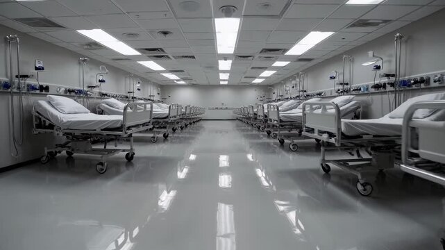 Empty hospital ward with rows of beds, polished reflective floor under fluorescent lights, medical monitors at foot of each bed, quiet calm before admissions, readiness for surge or overflow