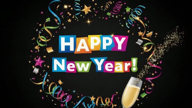 Colorful text block with champagne bottle signifying festive new year party