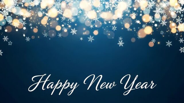 Blue background with gold bokeh lights framing happy new year text