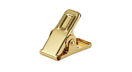 Closeup of a shiny gold metal spring clamp isolated on transparent background, showcasing its mechanism and design, ideal for various holding and securing applications