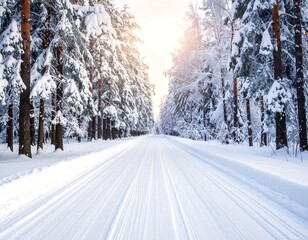 Obraz premium Snowy road through frosted trees, winter sun shines brightly