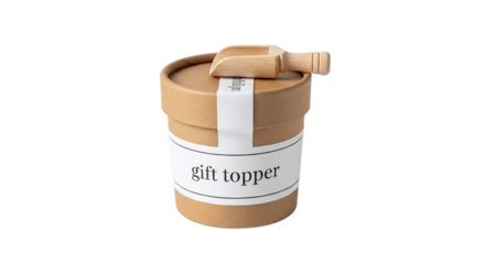 Gift topper in a cardboard box with a small wooden scoop isolated on transparent background