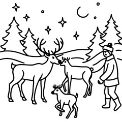 A child meets deer in a snowy winter forest under a starlit sky