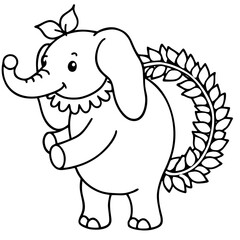 Cute baby elephant with leafy wreath and flower accent