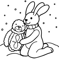 Cute bunny and teddy bear friends in the snow