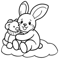 Cute cartoon bunny hugging a teddy bear on a cloud