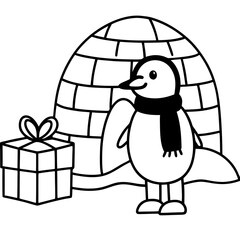 Cute penguin with gift next to igloo illustration