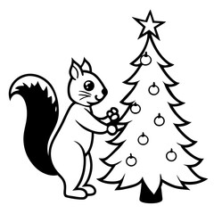 Cute squirrel decorating a christmas tree with ornaments