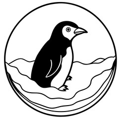 Stylized penguin icon in a circle with wavy lines