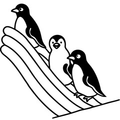 Three cute penguins sliding down a rainbow slide