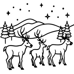 Three deer walk through a snowy landscape under a starry sky