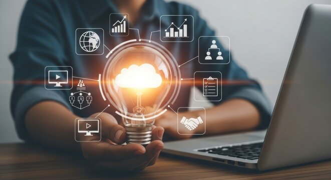 Innovative Business Idea: Light Bulb with Cloud and Digital Icons Concept