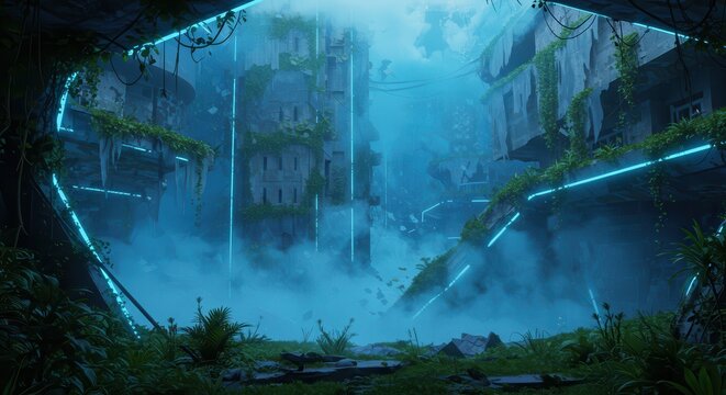 Overgrown futuristic ruins glow with intense neon illumination amidst heavy mist