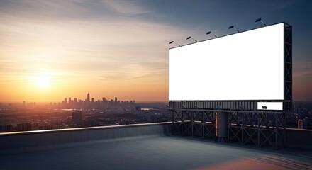 Rooftop billboard with blank canvas against a cityscape at sunset