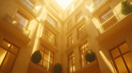 Sun-drenched courtyard of a beige apartment building