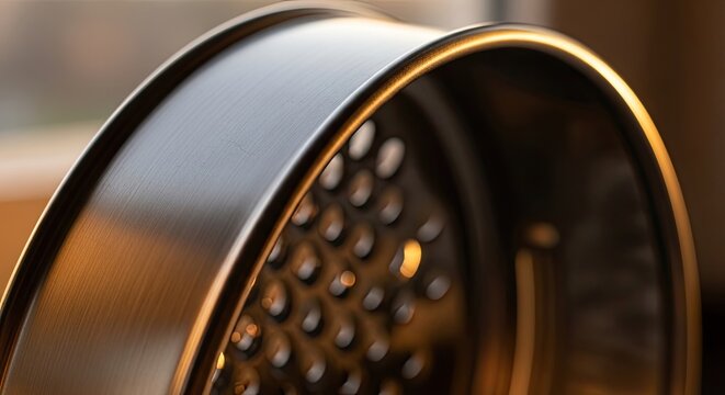 Close-up of a perforated metal object with a polished, reflective rim, bathed in light
