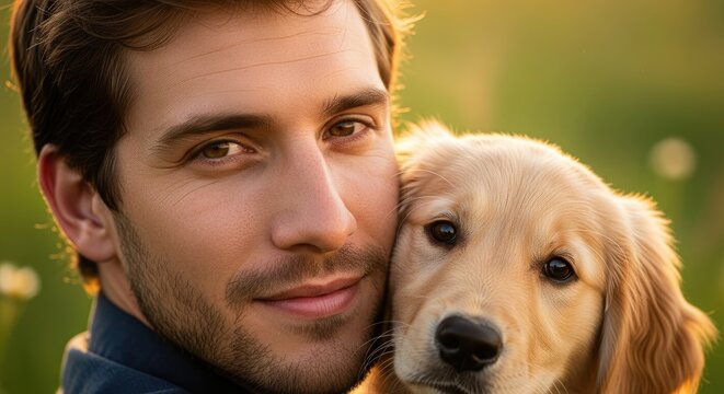A close-up shows a man embracing a golden retriever. Both gaze at the viewer with soft lighting. Golden hour highlights their faces, set against a blurred green field background