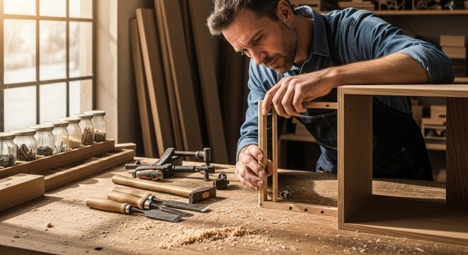A focused craftsman assembles a wooden structure in a sunlit workshop. - Powered by Adobe