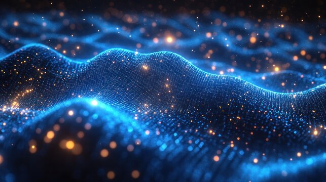 Digital Cosmic Wave: A breathtaking display of shimmering blue and gold particles weaves across a dynamic digital plane, suggesting the vastness and mystery of the cosmos.