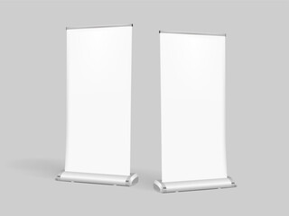 Two roll-up banner mockups on a gray background. Vector illustration.