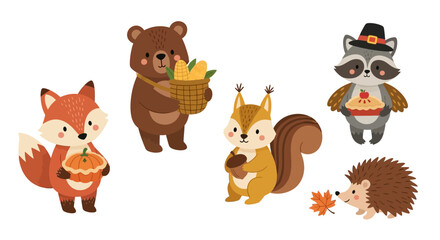 Thanksgiving-themed illustration featuring a fox, bear, squirrel, raccoon, and hedgehog, all holding autumn harvest items.