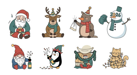 A charming collection of eight festive Christmas characters, including Santa, a reindeer, a penguin, a snowman, a gnome, a cat, and a mole, all depicted in a whimsical, hand-drawn style.