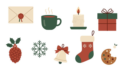 Christmas themed icons: envelope, hot drink, candle, gift, pinecone, snowflake, bell, stocking, cookie.