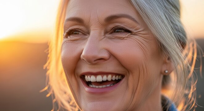 Portrait of a senior woman with silver hair smiling widely, bathed in warm sunlight