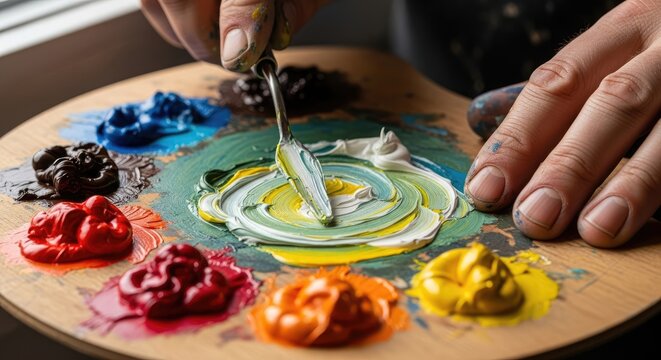 Close-up of a wooden palette holding vibrant paint colors, being mixed by a hand wielding a palette knife. The artist's hand is visible. Natural light bathes the scene