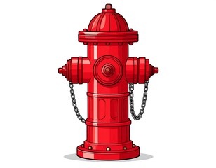 Fototapeta premium A vibrant, cartoon-style illustration of a classic, red fire hydrant, complete with chain caps and detailed design