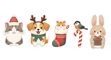 Cute cartoon animals celebrating Christmas, including a cat, dog, hamster, bird, and rabbit with festive accessories.