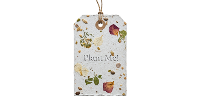 A handmade paper tag with embedded seeds and the words plant me isolated on transparent background