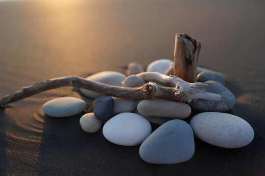 Still life of driftwood and pebbles on a beach at sunset creating a calming scene