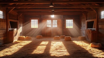 Sunbeams flood a rustic wooden barn