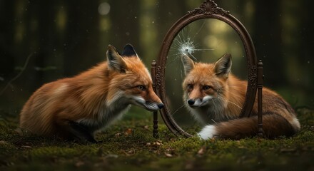 Obraz premium Clever mammal gazes intently at its fragmented reflection within an antique frame situated in a dim woodland setting