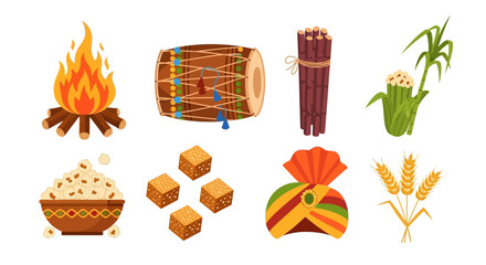 A collection of icons representing the Punjabi harvest festival of Lohri, including a bonfire, dhol drum, sugarcane, and traditional foods.