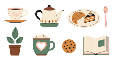 A collection of illustrations featuring various objects associated with a cozy tea time setting.