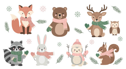 Adorable cartoon winter animals illustration featuring a fox, bear, deer, owl, raccoon, rabbit, penguin, and squirrel dressed in warm scarves and mittens.