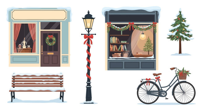 A charming winter scene depicting a snow-covered street with decorated shops, a lamppost, a park bench, a bicycle, and a Christmas tree.