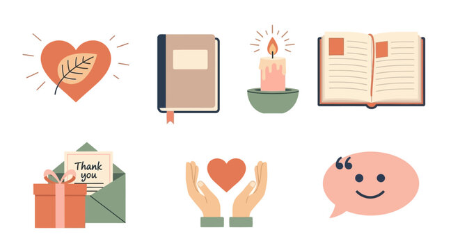 A collection of six charming flat design icons representing gratitude, knowledge, and care.