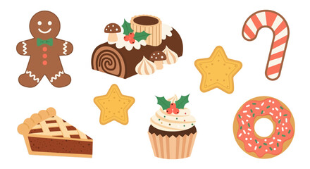 Festive Christmas sweets and treats: gingerbread man, yule log, candy cane, star cookies, pie slice, cupcake, and donut.