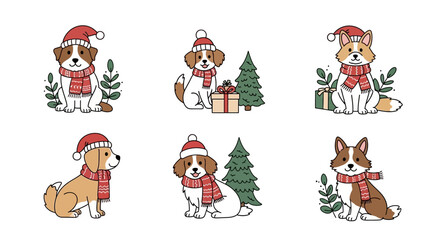 A charming collection of six adorable dogs dressed in festive Christmas attire, including Santa hats and scarves, surrounded by holiday elements like decorated trees and gifts.