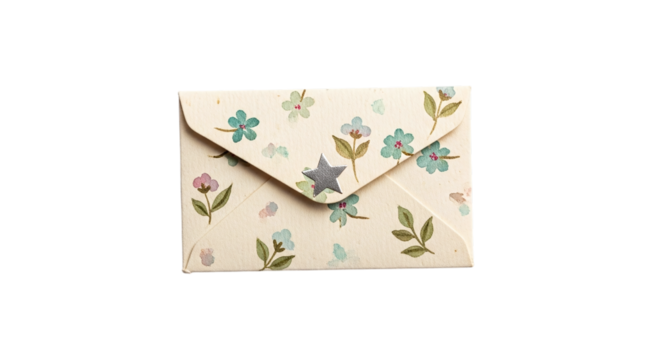 Floral envelope isolated on transparent background, crafted from textured paper with delicate flower patterns, perfect for sending heartfelt messages and invitations